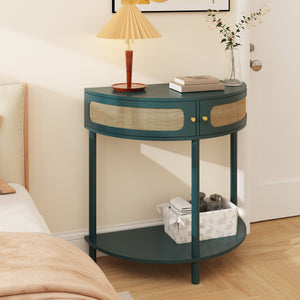 English Elm Unique Half Moon Rattan End Table with 2 Drawers & Bottom Shelf, Semi-Circle Boho Console for Entryway W2557P264179