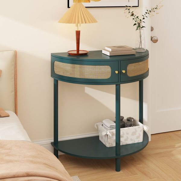 English Elm Unique Half Moon Rattan End Table with 2 Drawers & Bottom Shelf, Semi-Circle Boho Console for Entryway W2557P264179