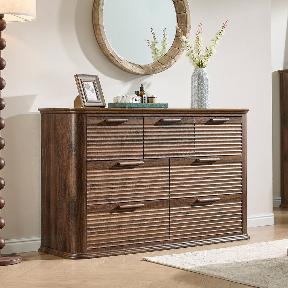 English Elm Fluted Wave Panel 7 Drawer Mdf Dresser Modern Bedroom Storage with Tv Stand Top Walnut T5326P425096