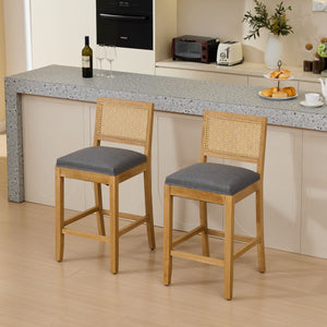 English Elm Full Solid Wood Rattan-Back Bar Stool Set Of 2 - Gray Matte Linen Cushion For Rustic Kitchen & Café W1143P384366