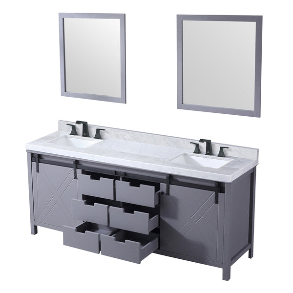 English Elm Dark Grey Double Bath Vanity 80 in. W x 22 in. D with Carrara Marble Top, Matte Black Faucets, Mirrors B2731S01075