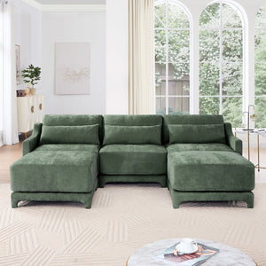 English Elm Three-Seater Sofa Set With 2 Ottomans & Lumbar Pillow, Elegant Chenille, Durable & Stylish Green Design W714S01218-GIGA