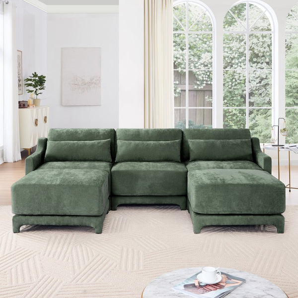 English Elm Three-Seater Sofa Set With 2 Ottomans & Lumbar Pillow, Elegant Chenille, Durable & Stylish Green Design W714S01218-GIGA