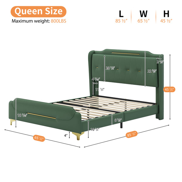 English Elm Christopher Knight Home® - Queen PU Leather Bed with Wingback Headboard & Footboard, Gold Accent Platform, 12 Slats, Sturdy Support Green 64 L x 21 W x 9.25 H N761P205938G