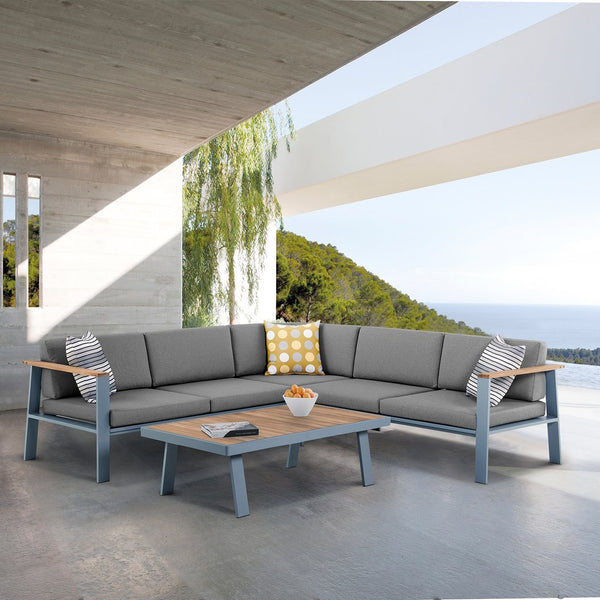 English Elm Ivano Outdoor Patio Sectional Set with Teak Accents, Weather‑Resistant Olefin Cushions & Durable Aluminum Frame Gray B2736S00002