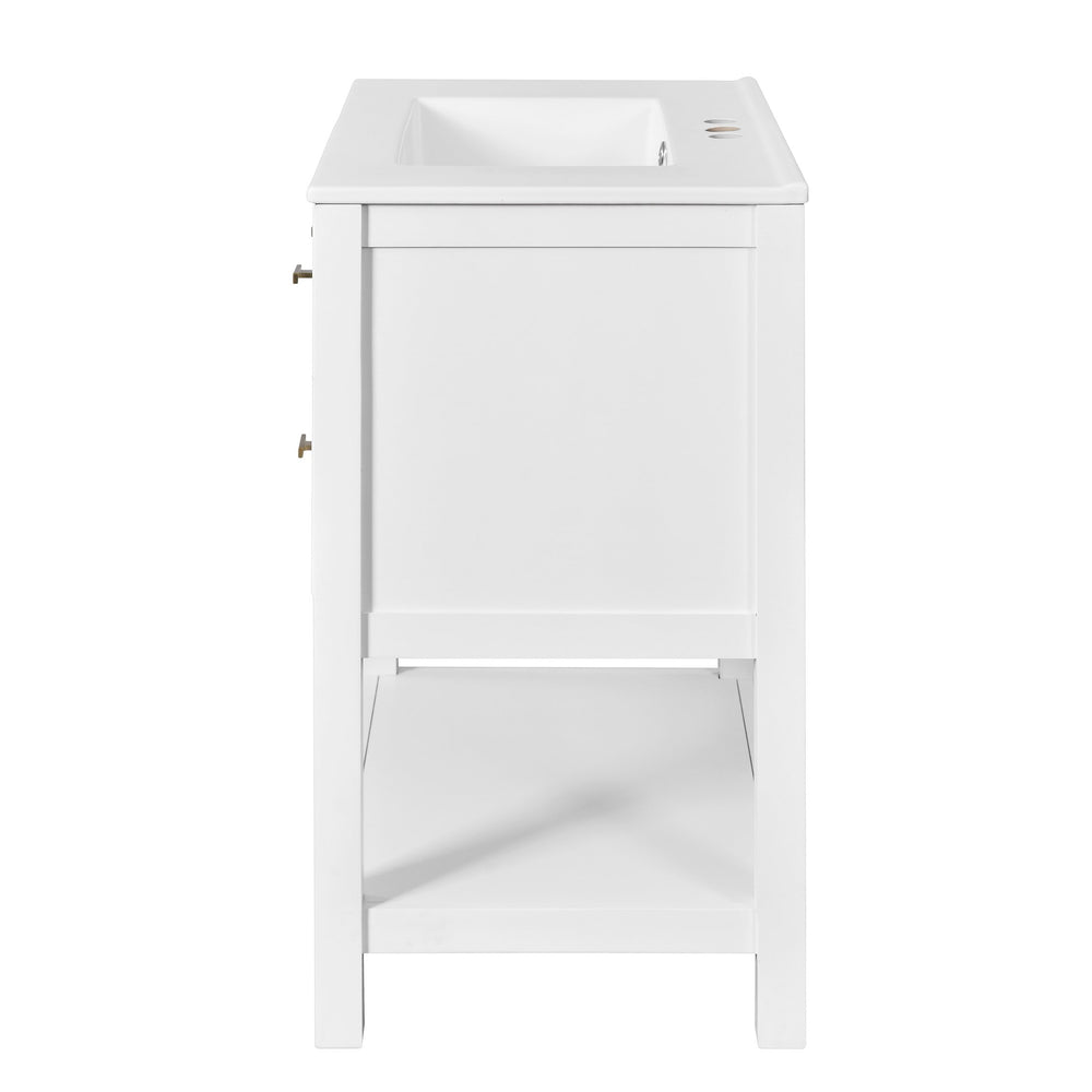 English Elm 30'' Bathroom Vanity with Ceramic Sink, Solid Wood Frame Freestanding Cabinet with 5 Drawers, Gold Knobs and Smooth Slide Rails White N710P247488K