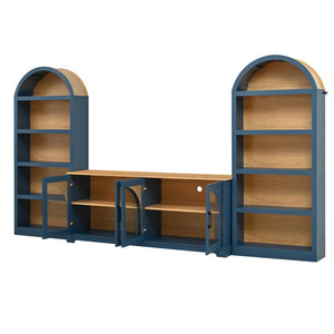 English Elm 3-piece Farmhouse Entertainment Center with Arched Glass Doors and Open Tower Shelving Blue N721S000070C