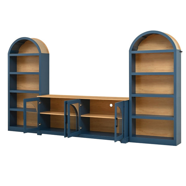 English Elm 3-piece Farmhouse Entertainment Center with Arched Glass Doors and Open Tower Shelving Blue N721S000070C