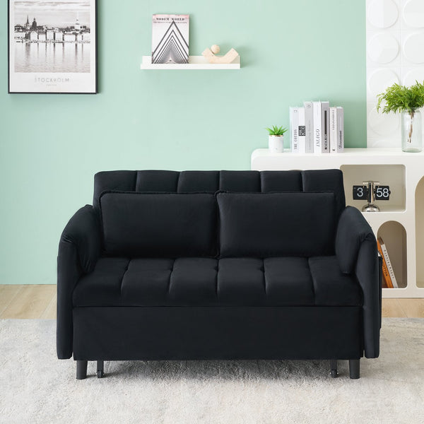 English Elm 52 Black Modern Velvet Sofa Bed 3-in-1 Convertible Loveseat with Pillows, Pockets, Metal Legs, 500lb Capacity W1658P266335