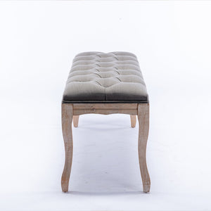 English Elm Bedroom Bench Tufted Linen Seat with Carved Distressed Wood Legs French Country Style Grey W3244P493669