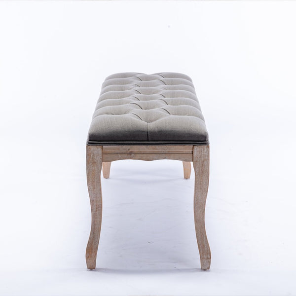 English Elm Bedroom Bench Tufted Linen Seat with Carved Distressed Wood Legs French Country Style Grey W3244P493669