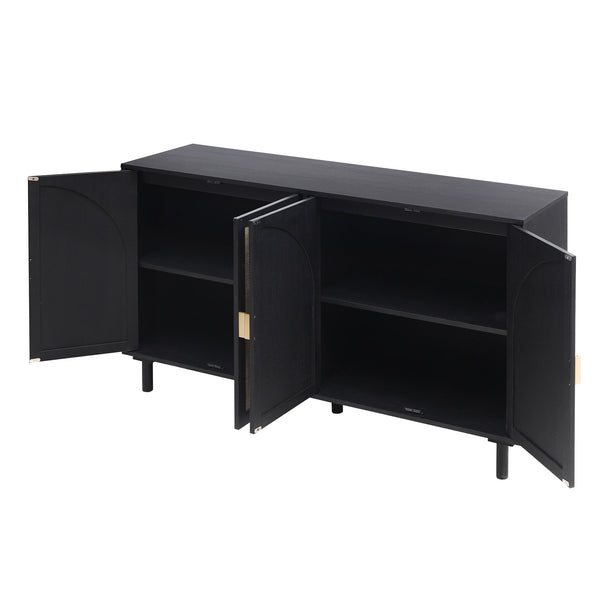 English Elm 4 Engineered Rattan 4-Door Storage Cabinet with Pine Feet, Moisture-Proof Durable Finish, Sleek Handles Black W688134376