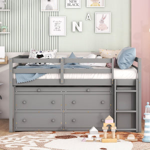 English Elm Full Size Kids Loft Bed Pinewood Frame Dual Study Desks Drawers and Open Shelving Gray LT000369AAE