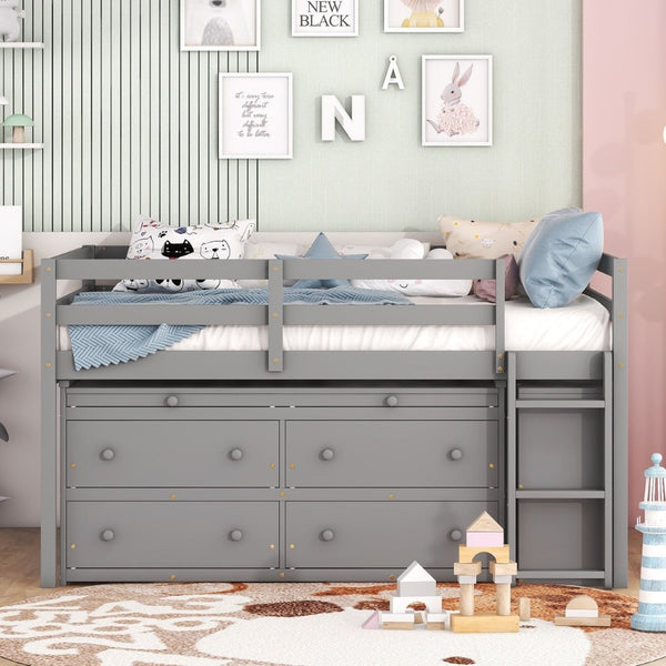 English Elm Full Size Kids Loft Bed Pinewood Frame Dual Study Desks Drawers and Open Shelving Gray LT000369AAE