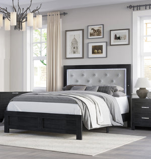 English Elm 1pc Modern Queen Panel Bed with LED Headboard, Faux Leather Upholstery, Button-Tufted Elegant Design Black,Gray 82.3 L x 28 W x 10 H B011P244361