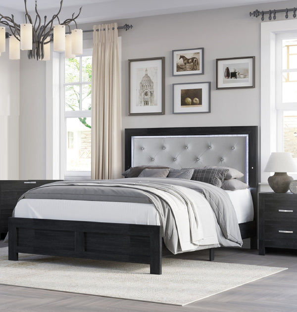 English Elm 1pc Modern Queen Panel Bed with LED Headboard, Faux Leather Upholstery, Button-Tufted Elegant Design Black,Gray 82.3 L x 28 W x 10 H B011P244361