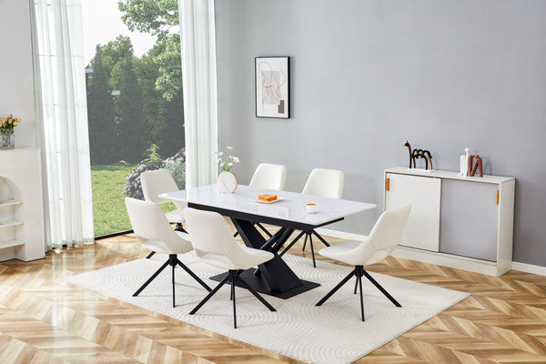 English Elm Modern Extendable Dining Table with Walnut MDF Veneer Top, Dual V-Shaped Metal Base, Sleek Durable Design White Marble W3493S00006