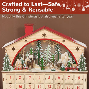 English Elm Christmas Wooden Village Advent Calendar with 24 Drawers and Warm Led Glow T3971P381239
