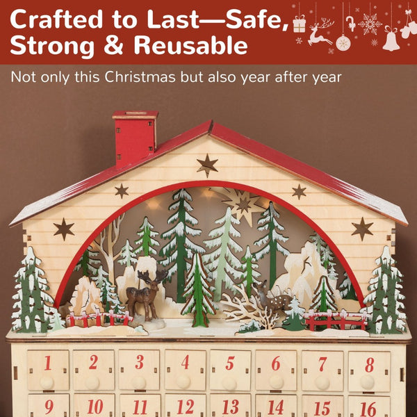 English Elm Christmas Wooden Village Advent Calendar with 24 Drawers and Warm Led Glow T3971P381239