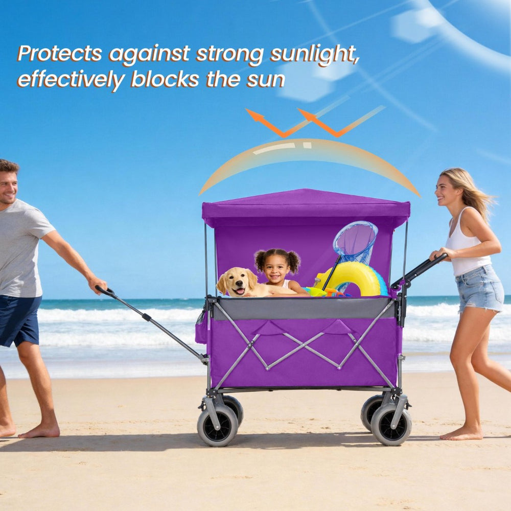 English Elm Multi-functional Folding Wagon with Canopy All Terrain Tires 480lb Steel Frame Outdoor Purple W2932P417650