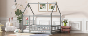English Elm Full Size House Bed Frame With Roof, Safety Guardrails, Grey Finish - Perfect For Kids' Room Fun! W504P286407