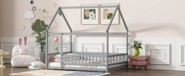 English Elm Full Size House Bed Frame With Roof, Safety Guardrails, Grey Finish - Perfect For Kids' Room Fun! W504P286407