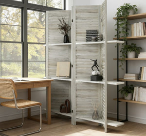 English Elm Privacy Screen Divider Four Panel Paulownia Wood Louvered Shelves Farmhouse White T3971P431138