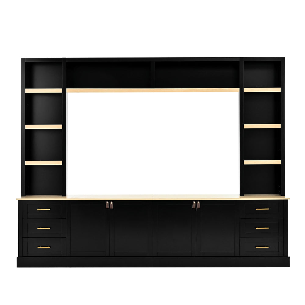 English Elm TV Farmhouse Stand with Adjustable Overhead Bridge, 6 Drawers, Cable Management, Black MDF Rustic Chic N721P324107B