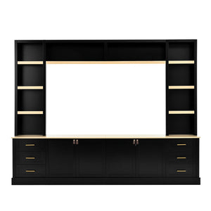 English Elm TV Farmhouse Stand with Adjustable Overhead Bridge, 6 Drawers, Cable Management, Black MDF Rustic Chic N721P324107B