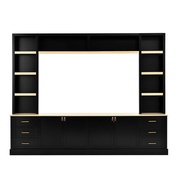 English Elm TV Farmhouse Stand with Adjustable Overhead Bridge, 6 Drawers, Cable Management, Black MDF Rustic Chic N721P324107B