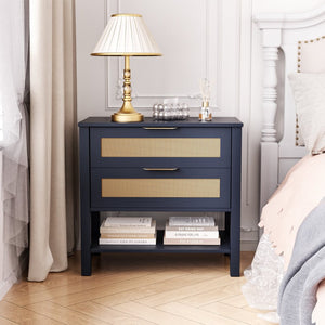 English Elm Rattan Front Boho Coastal Nightstand with Gold Pulls Open Shelf and Woven Drawer Accents Navy Blue T3210P471551