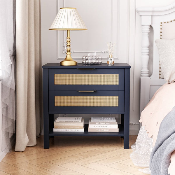 English Elm Rattan Front Boho Coastal Nightstand with Gold Pulls Open Shelf and Woven Drawer Accents Navy Blue T3210P471551