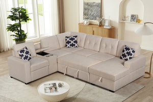English Elm Multifunctional Modular Sectional Sofa with Hidden Storage Cup Holders and Flexible Seating Beige B2730S00074