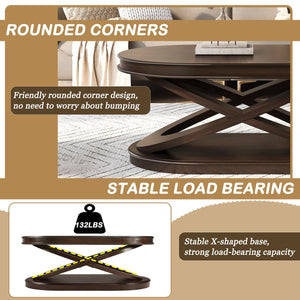 English Elm 44 Inch Oval Coffee Table with X-Base, 2.6" Thick Solid Wood Veneer Top, Rounded Corners, 132lb Capacity Espresso W1202P289358