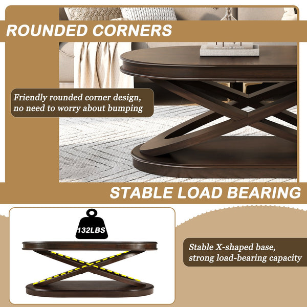 English Elm Retro Solid Wood Coffee Table Set 3-Piece with 44" Oval Coffee Table & Round End Tables, Sturdy X-Legs, Waterproof Surface Espresso W1202S00010