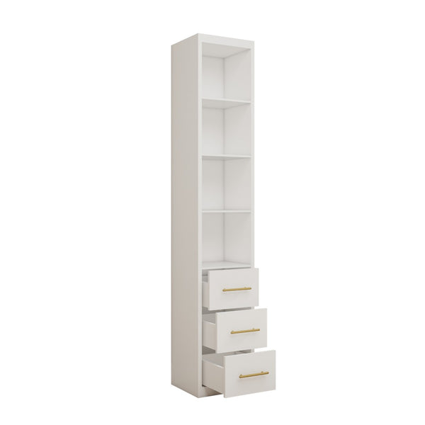 English Elm 15.75x85.04inch White Slim Tower Cabinet Four Shelves Three Drawers Bedroom Bath W5290P457931
