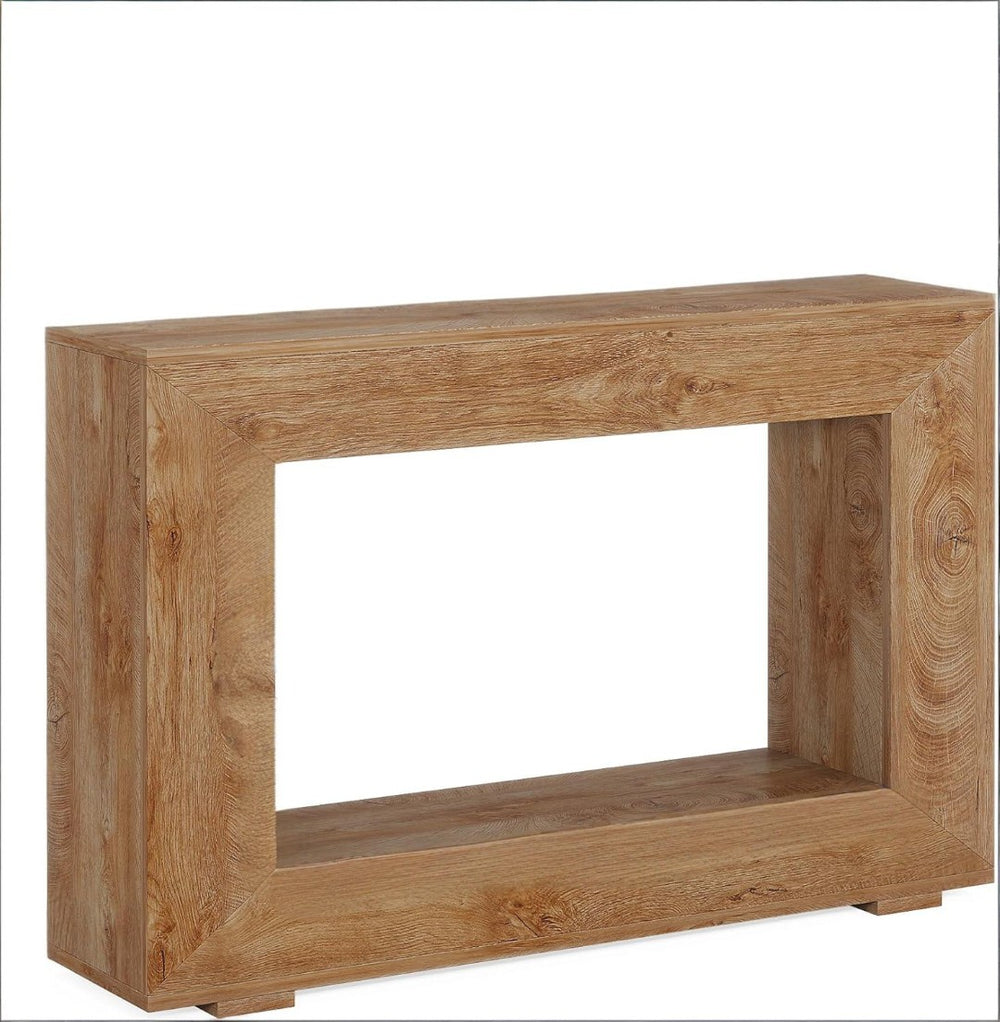 English Elm Entryway Console Table with Sculptural Stacked Wood Panels and Open Arc Base T3971P451449