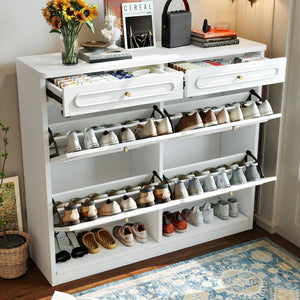 English Elm Wooden Farmhouse Entryway Shoe Cabinet with Six Drawers for Organized Hallway Storage Light White W1580P402825