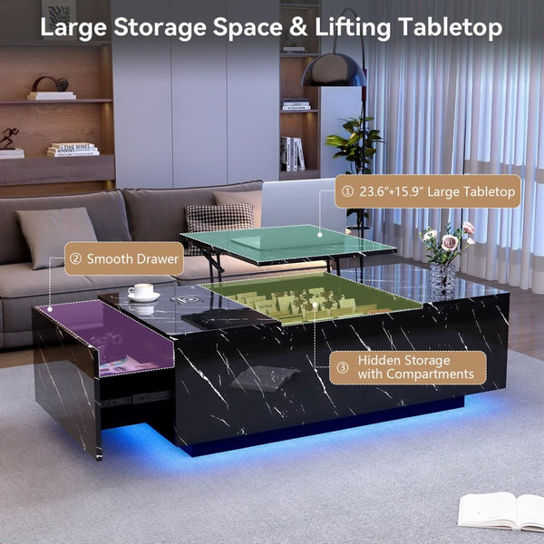 English Elm Coffee Table with Led Lighting Bluetooth Speaker Wireless Charging and Faux Marble Top T3773P415730