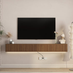 English Elm Floating Wall Mounted Tv Stand High Gloss Cabinet with Led Lighting and Power Strip W1321P437018