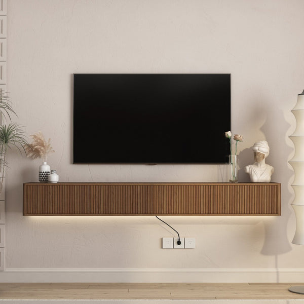 English Elm Floating Wall Mounted Tv Stand High Gloss Cabinet with Led Lighting and Power Strip W1321P437018