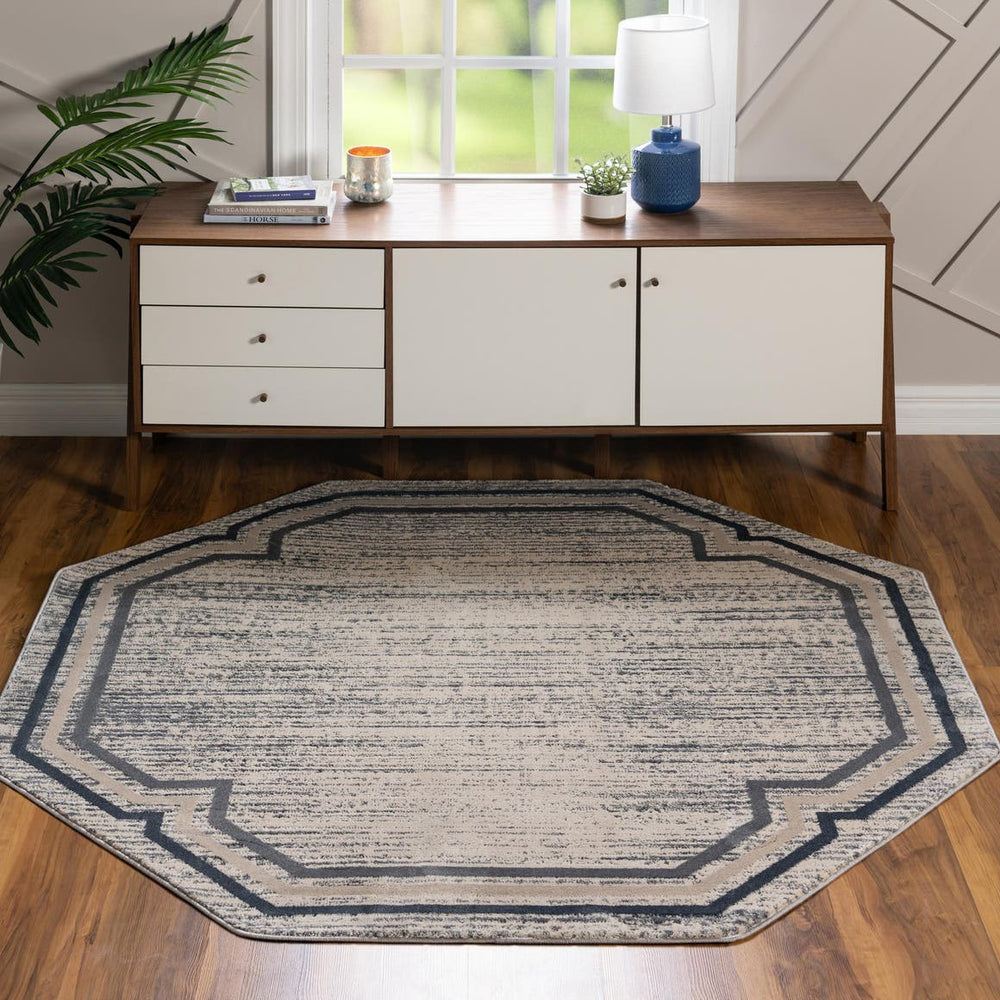 Unique Loom Oasis Fountain Machine Made Border Rug Gray, Ivory/Beige/Navy Blue 6' 0" x 6' 0"