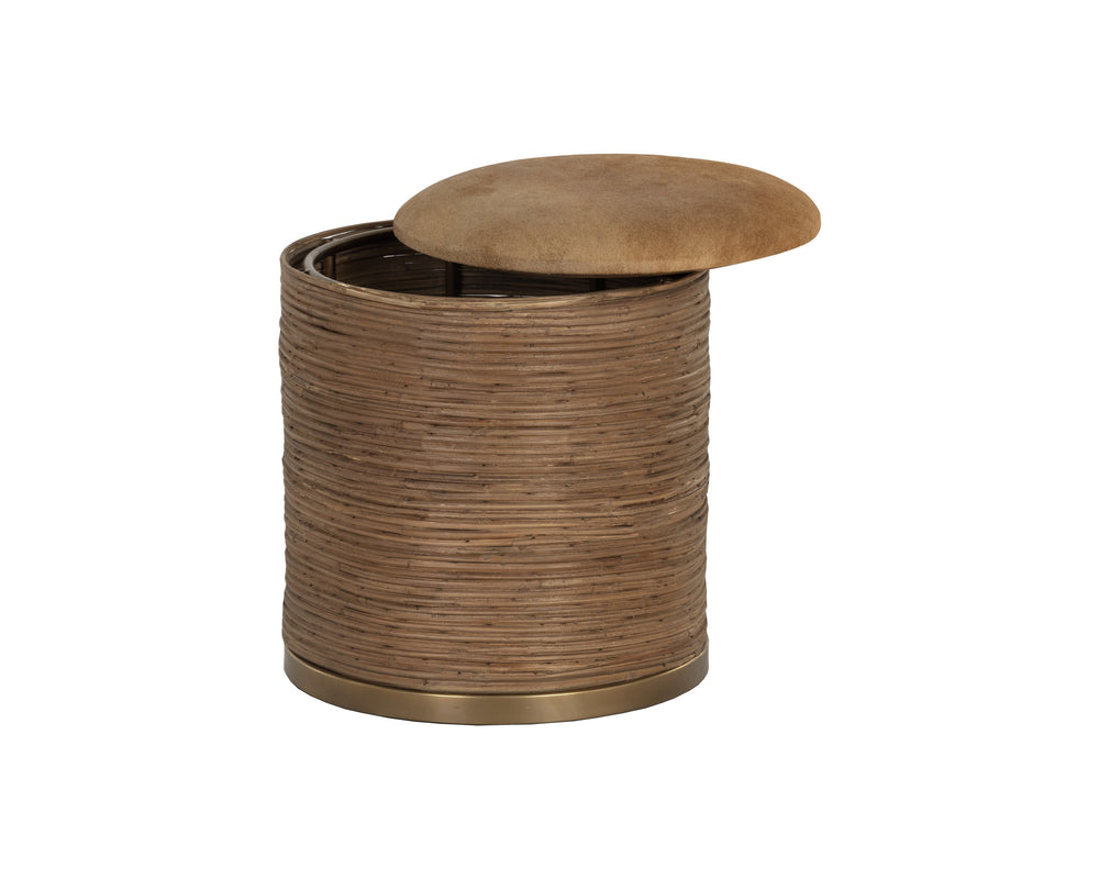 Sunpan Femi Storage Ottoman - Handcrafted Elegance with Natural Cane & Brass Finish, Unique Cowhide Top