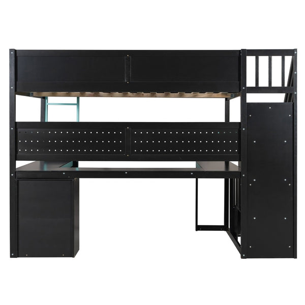 English Elm Full Size Gaming Loft Bed with Led Lighting Desk Shelves and Usb Charging Ports N820S00071C