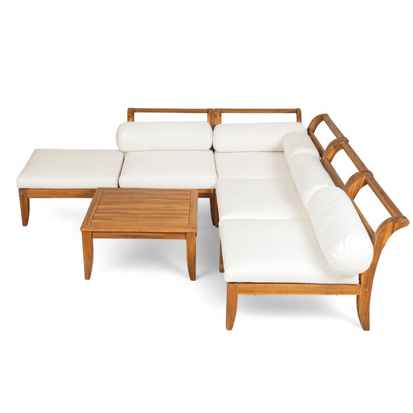 English Elm TOPMAX 6-Piece Acacia Patio Sofa Set - Modular L-Shaped Conversation Set, Convertible Daybed, Teak Beige Cushions SP100031AAA