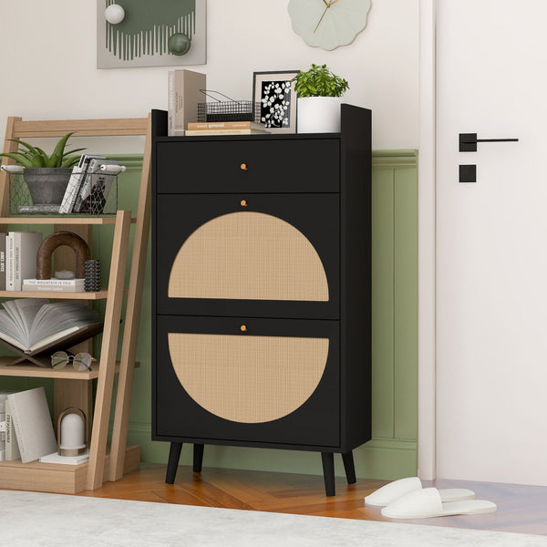 English Elm Rattan, Engineered Rattan 2-Door 1-Drawer Shoe Cabinet with Double Shelves and Pine Wood Feet Durable Finish Black W688141535