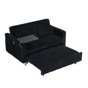 English Elm The pull-out corduroy sofa bed with convertible tabletop and USB charging ports for living room comfort Black W1278P248131