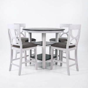 English Elm 5-pcs Modern Counter-Height Dining Set with Round Table, Under-Table Storage Shelves, 4 Chairs Antique White+Gray 46 L x 46 W x 16 H B089P240467
