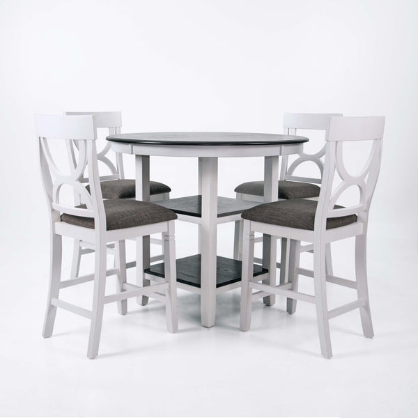 English Elm 5-pcs Modern Counter-Height Dining Set with Round Table, Under-Table Storage Shelves, 4 Chairs Antique White+Gray 46 L x 46 W x 16 H B089P240467