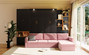 English Elm Queen Murphy Wall Bed with Velvet Sofa Built in Shelves Cabinets and Reading Lights Black LP000393AAB